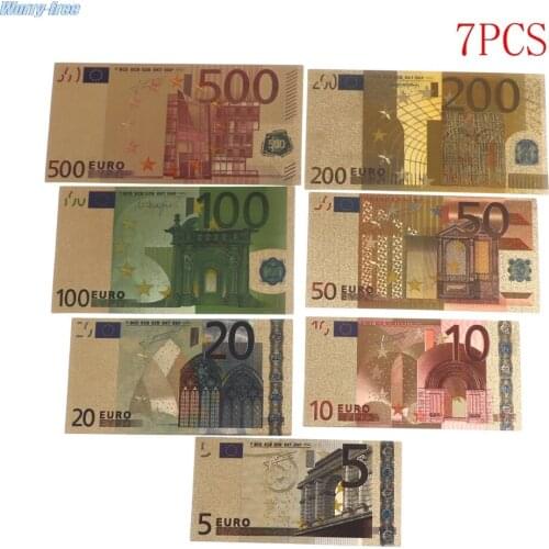 7pcs High Quality 24K Gold Plated Euros Fake Money Commemorative Notes Collection Souvenir Antique Decoration 5-500 Dollar