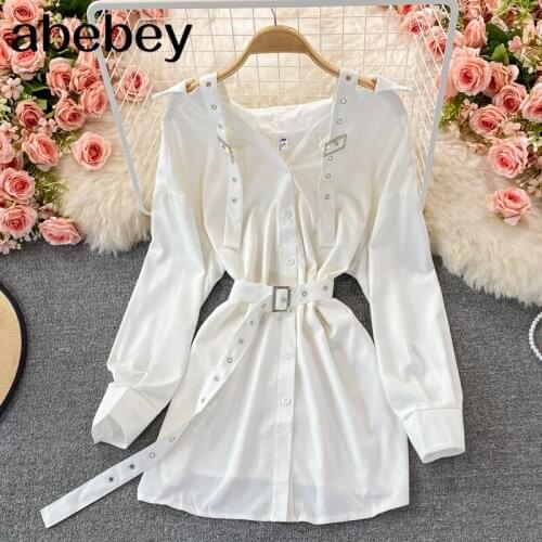 2021 New Spring Autumn Fashion turn down collar long sleeve Dress high waist lace up single breasted short A-line strap Dress