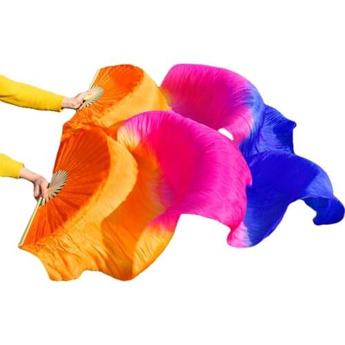 High selling Real Natural Silk Veils 1 Pair handmade women Quality Silk Belly Dancing Fans Dance Orange+rose+royal blue