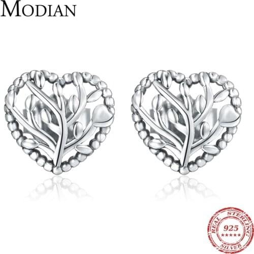 Modian Hollow Line Tree Leaves Heart Simple Stud Earrings For Women 925 Sterling Silver Vintage Charm Jewelry 2020 Design Bijoux