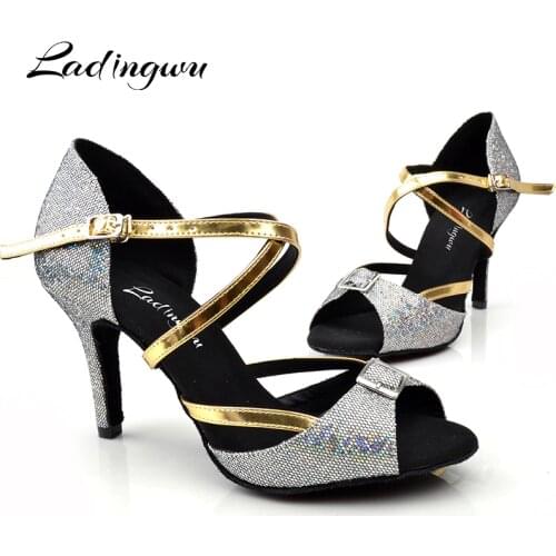 2018 New Salsa Dance Shoes Latin Woman Glitter and PU Silver Gray For Women Dance Shoes Ladies Party Ballroom Shoes Dance Sandal