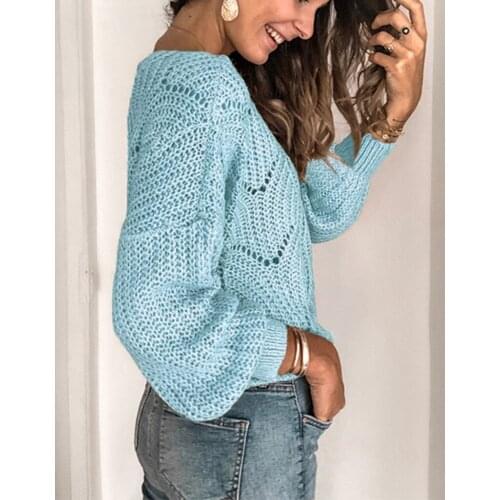 2020 Women Solid Color Sweater Puff Long Sleeve Round Neck Hollow Pullover Autumn and Winter Top Warn Sweater Ladies Casual Top