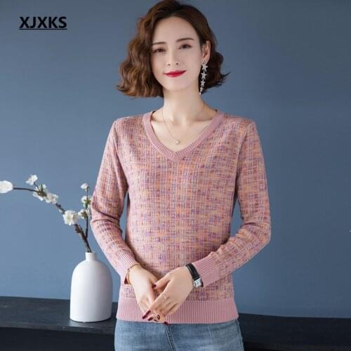 XJXKS 2021 autumn winter new women sweater fashion V-neck high-quality wool knitted pullover women wool sweater