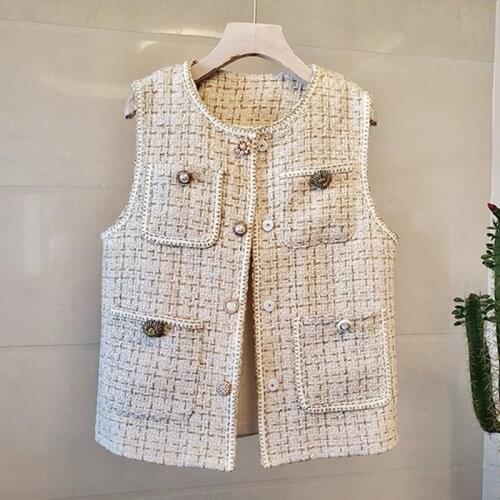 Women Sleeveless Tweed Cardigan Vest Sherpa Jacket Tapados Mujer Invierno 2021 Autumn Outerwear Abrigos Largos Mujer N9937