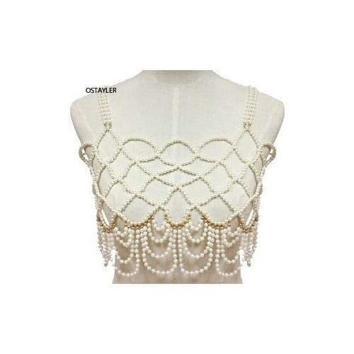 High Street Neck Pearl Vest Camis Women Fashion Crop Top Ladies White Sleeveless Sexy Clubwear Tank Top Blusas Pearl Body Chain