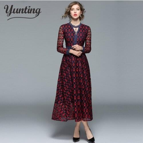 2021 Autumn Women Lace Dress Flower Hollow Out Long Sleeve Vestidos Work Casual Slim Vintage Party Long Dresses