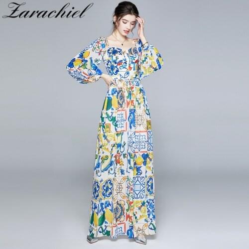 New Autumn Women Strapless Long Lantern Sleeve Backless Sexy Split Party Dress Runway Blue and White Porcelain Flower Maxi Dress