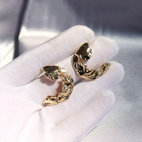 Gold Silver Color Metal Irregular Moon Shape Earrings Fashion Art Folds Wrinkly Punk Exaggerated Party Earrings Female 2020 New