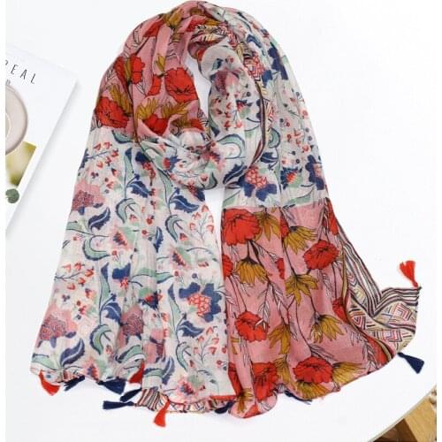 2020 Women Floral Pattern Cotton Tassel Scarf 2Colors 10pcs/lot