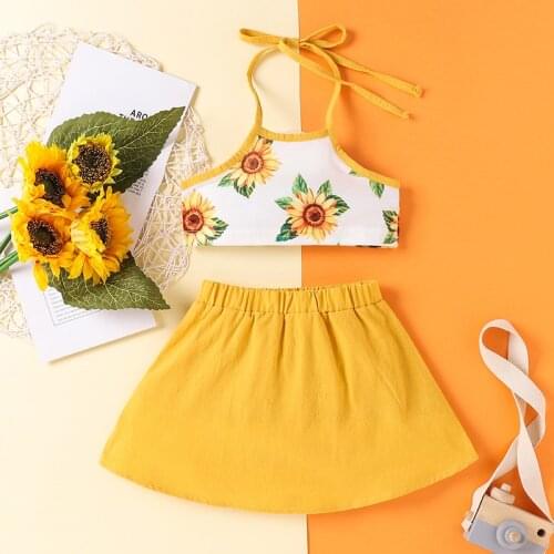 Fashion Summer Toddler Kids Baby Girls Clothes Sets Sunflowers Printed Sleeveless Crop Tops Solid Skirt Outfits 2pcs