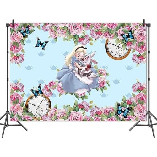 Cartoon Flowers Butterfly Alarm Clock Little Princess Bunny Backdrop Photography Photo Girl Birthday Party Decoration Background