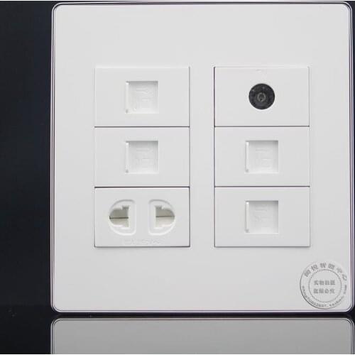 120MM Wall Socket Plate 6 Ports Four Network RJ45 Cat5e & TV & Two Hole Power Socket Panel Faceplate Outlet