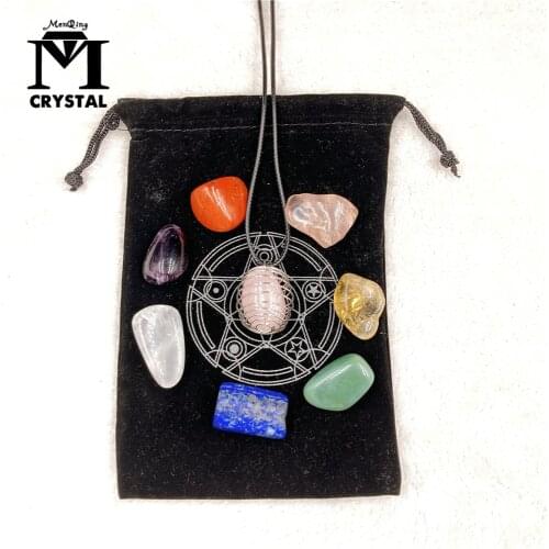 Natural Healing Crystals And Stones 7 Chakra Stone Set Rose Quartz Pendant And Cage Necklace Reiki Energy