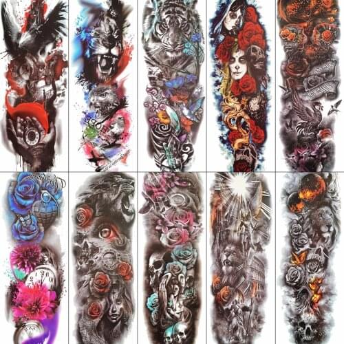Rejaski Cool Armband Tiger Eagle Lion Temporay Tattoos Full Arm Women Men Body Art Arm Fake Tattoo Sleeve Sticker Skull Tatoos