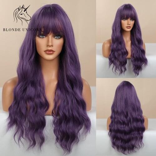 Blonde Unicorn Long Wavy Synthetic Wigs with Bangs Purple for White/Black Women Heat Resistant Daily Hair
