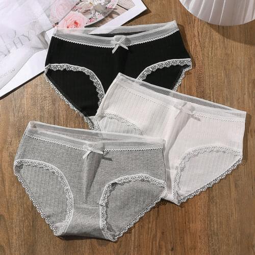 3 Pcs Lace-trim Cotton Panty Solid Color Womens Panties Comfort Underwear Skin-friendly Sexy Low-Rise Briefs Intimates