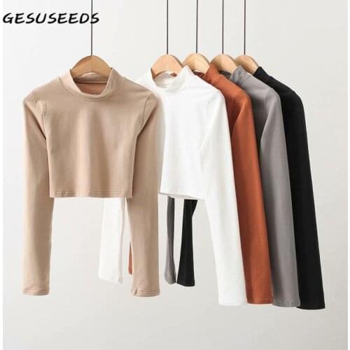 2021 Long sleeve shirt turtleneck women t shirts vintage knitted cropped T shirt solid casual t shirt women black cute top lady