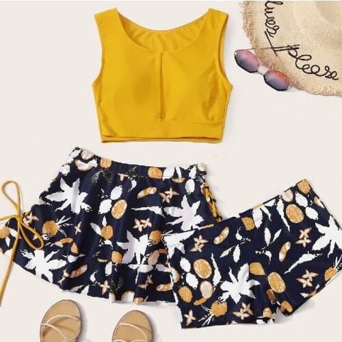 High quality girl print swimsuit three-piece conservative cover bikini yellow red beach suit