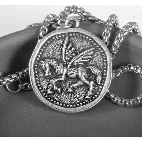 Pegasus Necklace Medieval Greece Coin Style Pendant Mens Flying Horse Jewerly