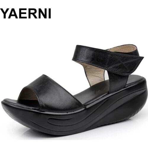 YAERNI Hot Sale 2021 New Open Toe Genuine Leather Sandals Women Casual Sandals Platform Shoes Wedges Sandals Women Shoes Summer