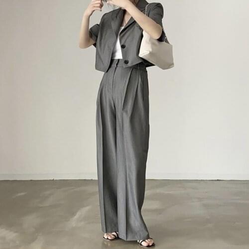 2021 summer short sleeve blazer+high waist loose straight trousers women two piece sets