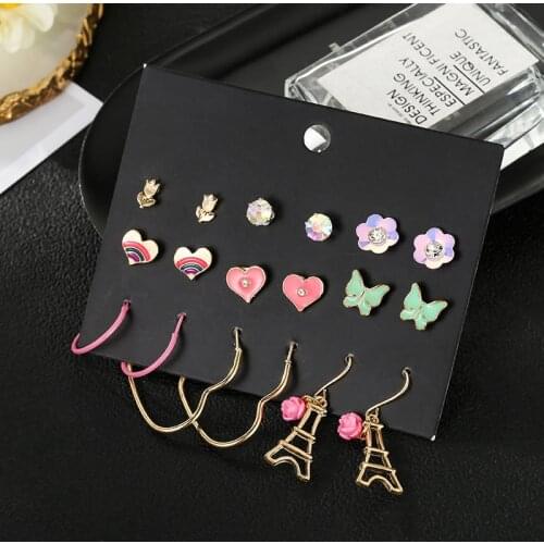 Vintage Flower Butterfly Stud Earrings Set Mixed for Women Bohemian Eiffel Tower Pendant Statement Hang Brincos Jewelry 2019 NEW