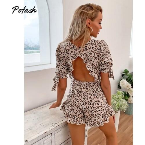 Pofash Hollow Out Backless Summer Jumpsuits For Women Ruffle Puff Sleeves Slim Playsuits Female Bow Sexy Club Party Rompers 2021