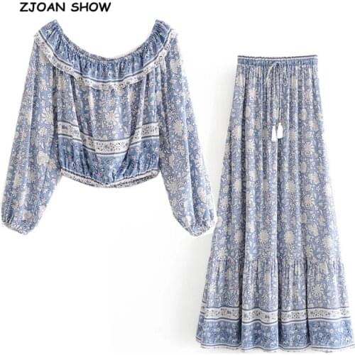 2020 BOHO Ruffle Elastic Slash neck Floral Print Pullover Shirt Women Elastic Waist Maxi Long Skirt Pink Holiday 2 Pieces Set