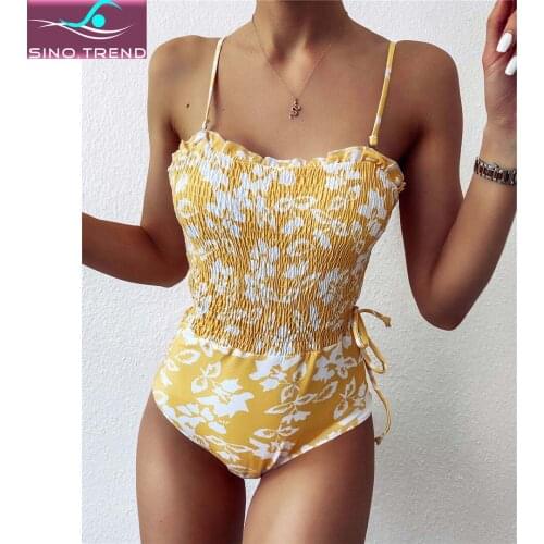 New Sexy 2021 Yellow Flower Wrinkled Women Swimwear One Piece Swimsuit Female Bather Bathing Suit Swim Wear Lady