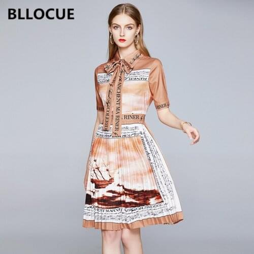 BLLOCUE 2020 Summer Designer Runway Shirt Dress Women Short Sleeve Letter Pattern Printed Vintage High Waist Pleated Dress