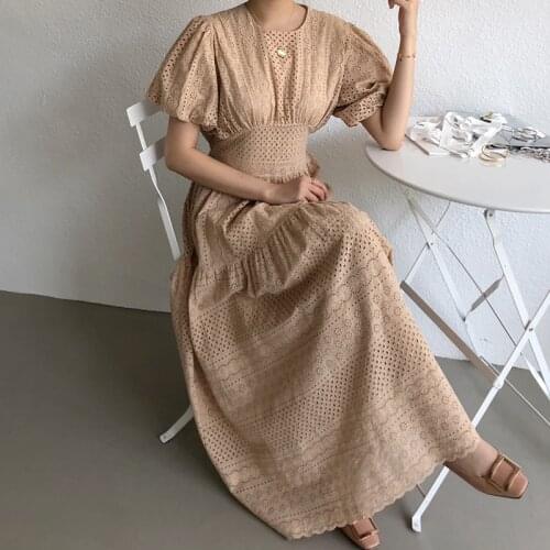 2020 Summer White O-Neck High Waist Puff Sleeve Lace Crochet Jacquard Design Women Boho Long Dress Vestidos