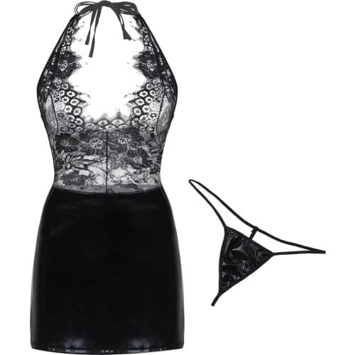 Womens Mini Club Dress See Through Lace Lingerie Set Back Opening Leather Skirt Bodycon Dresses with G-String Briefs Panties