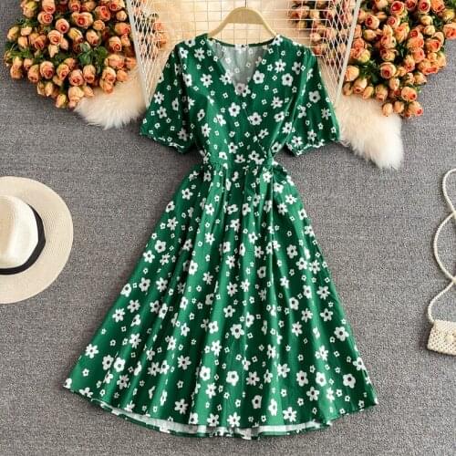 Flower Print Green Dresses Femme Beach Style V-Neck Short Sleeve Women Dress Fashion Casual High Waist Mid Calf Vestidos 80103
