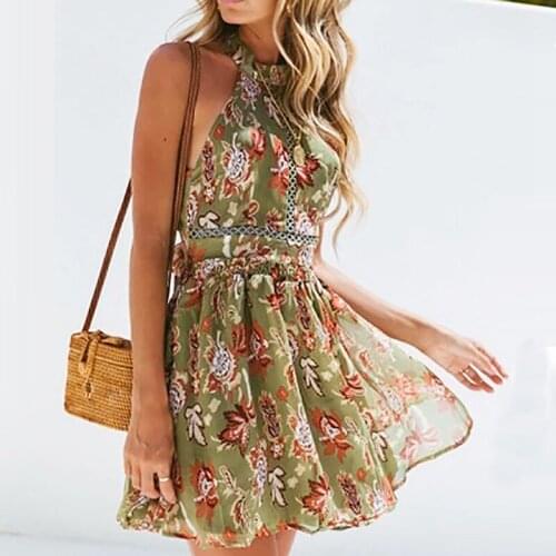 2019 Women Summer Boho Style sexy Floral Print Hollow Out Beach Dress Mini Party Dress