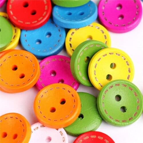 100pcs Mixed Color Circle Wooden Fabric Buttons 15mm Round 2 Holes Girls Children Garment Apparel Sewing Pattern Crafts Handmade