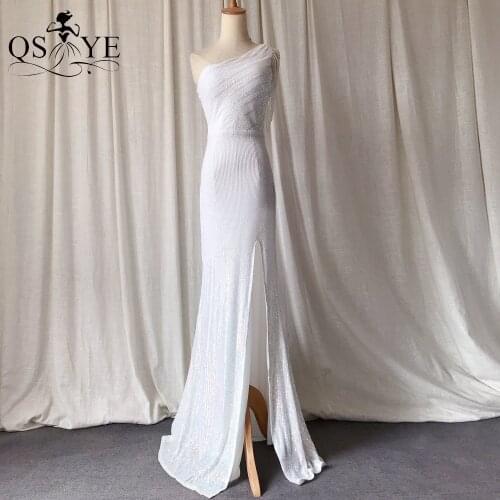 Sparkle White Prom Dresses Sequin Mermaid Evening Gown with Split Beading Straps Pattern Lace Formal Party Gown One ShoulderGown