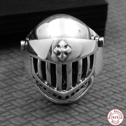 Vintage 925 Sterling Silver colour Mens Ring Skull Helmet Armor Ring Personality Fine Jewelry Handmade Mens women charm ring