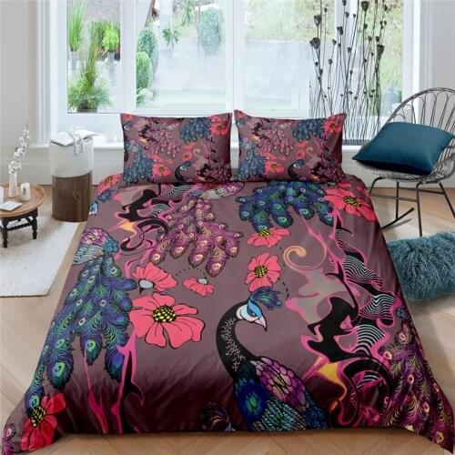 Animal Series 3D Printed 2/3Pcs Peacock Flower Bedding Set Comfortable Duvet Cover Pillowcase Home Textile Queen and King Size