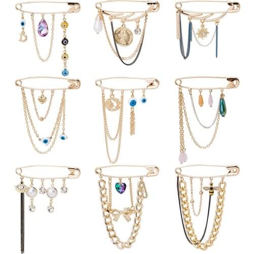 Fashion Eye Bow Cute Flower Bee Chain Tassel Brooch Pearl Cool Crystal Rhinestone Gold Coin Pendent Pin Cardigan Corsage Jewelry