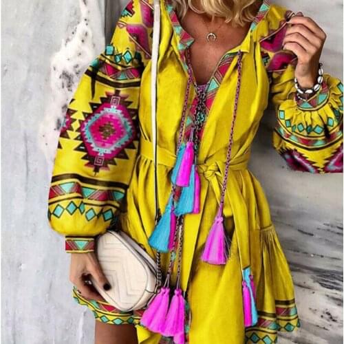 Hirigin Fashion Women Boho Floral Long Lantern Sleeve Ladies Deep V Neck Holiday Party Mini Dress Autumn Outfits Plus Size S-XL