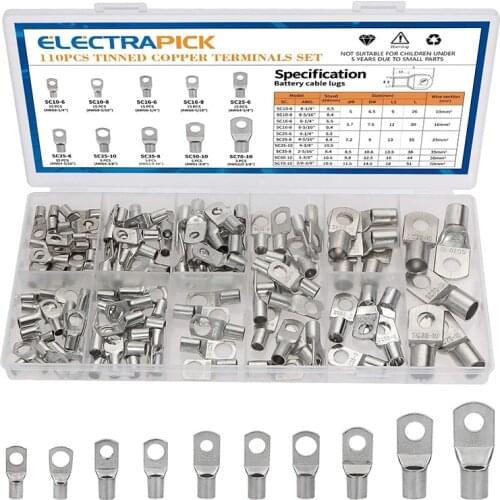 Electrapick 110pcs Assortment Tinned Copper Lugs Ring Crimp Terminals Battery Wire Welding Cable Connectors Kit