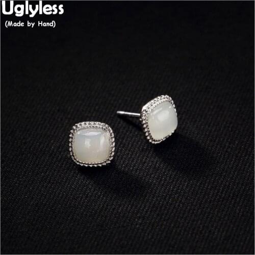 Uglyless Delicate MINI Size Square Earrings for Women Natural Jade Geometric Fine Jewelry 100% Real Solid 925 Thai Silver Studs