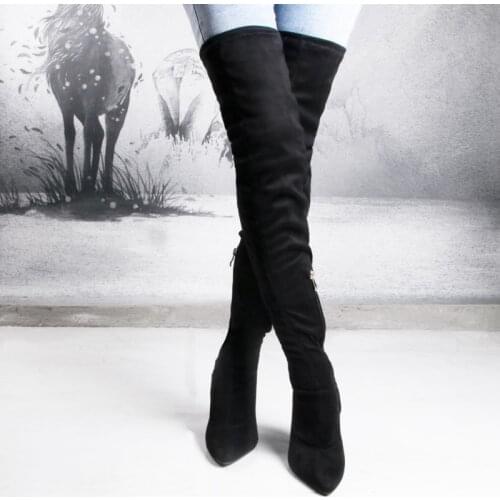 Sexy Thin High Heel Over The Knee Boots Women Shoes Fashion Suede Pointed Toe Zipper Black Long Boots Female Plus Size 43