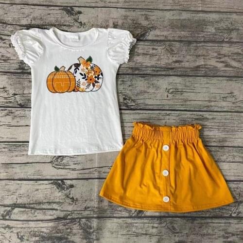 Fall/Autumn Baby Girls Boutique Outfits Thanksgiving Day Pumpkin Shirt with Cotton Skirt