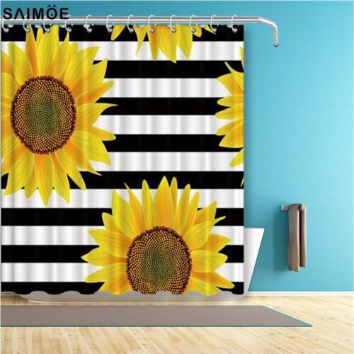 Sunflowers on a Striped Waterproof Bathroom Fabric Shower Curtain