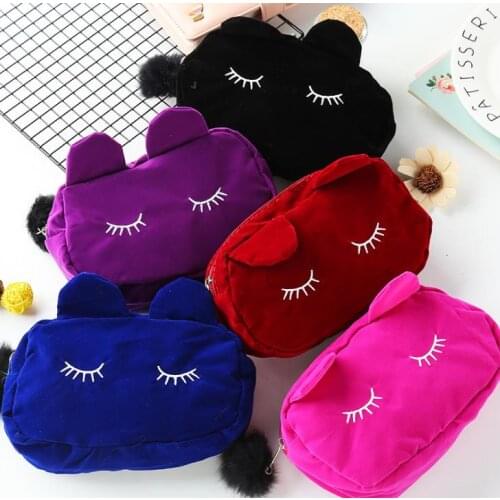 Portable Cartoon Cat Makeup Storage Cosmetic Flannel Plush Bag Multi-function Pen Pouch Case Home Storage Housekeeping Supplies