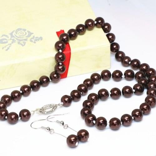 Women romantic weddings anniversary gifts 8mm chocolate round simulated-pearl shell beads necklace earrings jewelry 18inch B2348