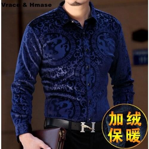 Chinese style dragon printing gold velvet high-end long sleeve shirt 2018 Autumn&Winter fashion casual quality men shirt S-XXXL