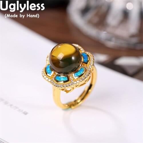 Uglyless Big Size Luxury Gemstones Rings for Women Natural Imported Blue Amber Rings Crystals Opal Fashion Jewelry 925 Silver