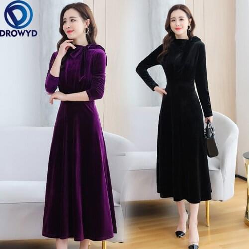 Velvet Dress 2021 Autumn and Winter New Temperament Ladies Long Sleeve High Waist Fashion Wild Base Dress Robes Party Vestidos